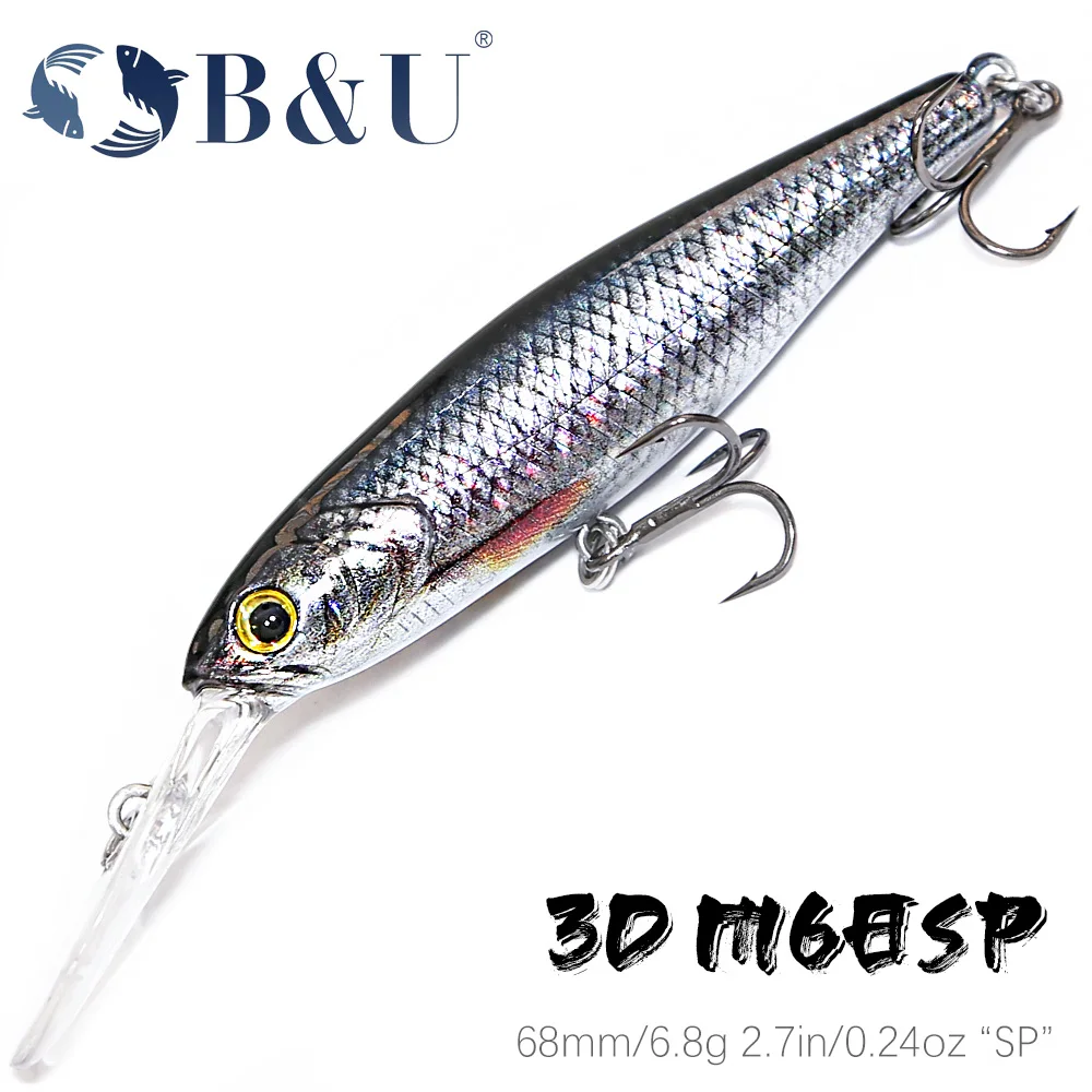 B&U  68mm 3D Printing Shad Suspending Minnow Artificial Fishing Lure Jerkbait Wobblers Bass Pike Swimbait Fishing Lures