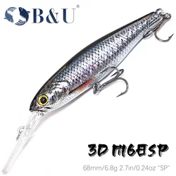 B&U  68mm 3D Printing Shad Suspending Minnow Artificial Fishing Lure Jerkbait Wobblers Bass Pike Swimbait Fishing Lures