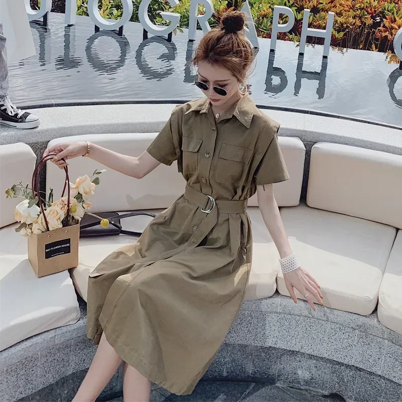 Ladies Khaki Polo Neck Dress, Summer Design, Niche, Slim-Looking Waistline Shirt, A-line Skirt