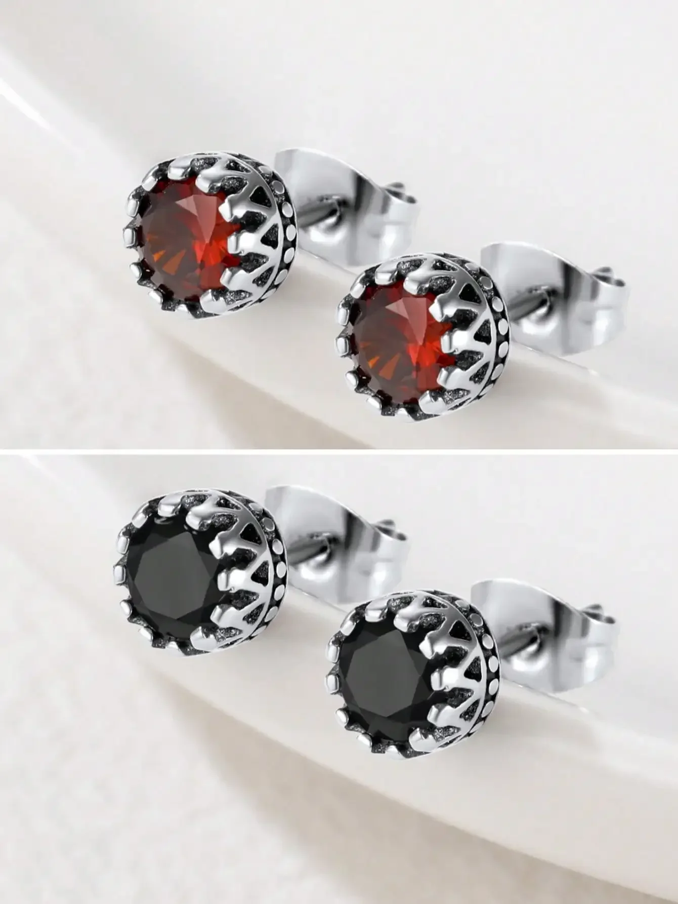 2 Pairs Retro Stainless Steel Crown Stud Earrings Set for Women Girls Red/Black Cubic Zirconia Earring Couple Birthday Gift