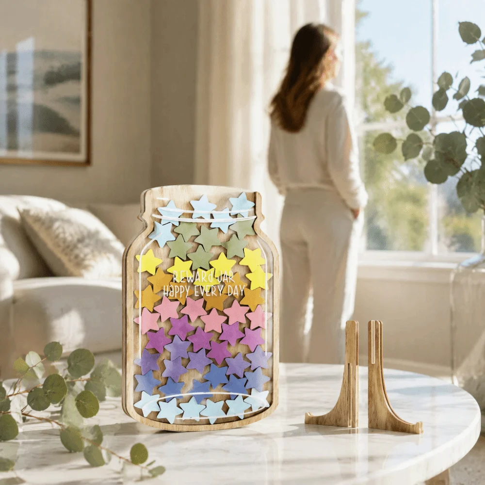 Multicolor Reward Jar Wooden 45Pcs Star Flowers Desktop Ornament Points Reward Self-discipline Design Reward Savings Bottle