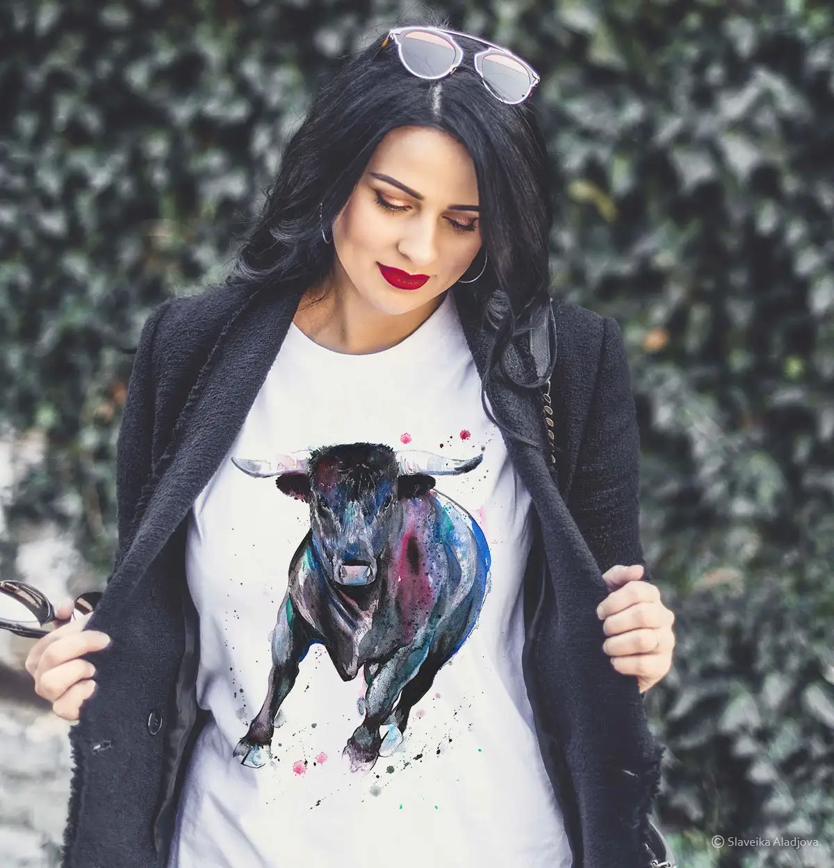 Camiseta de toro negro, Camisa de algodón hilado, 100, estampado de acuarela, arte, animal, XS, S, M, L, XL, XXL