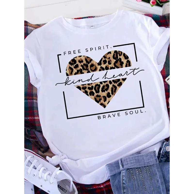 Fashion Retro Printed T-shirt Free Spirit Brave SoulY2K Cute Girls T-shirt Leopard Heart T-shirt Heart Women's T-shirt