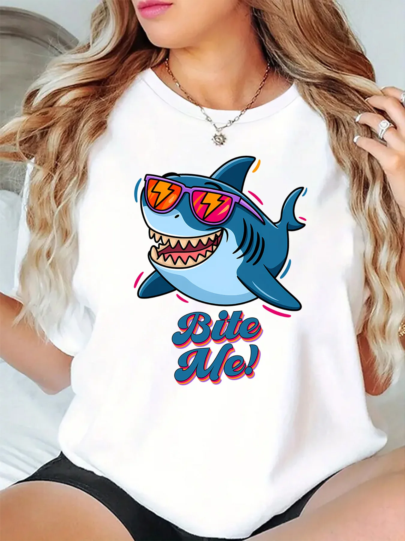 Bite Me Funny Cartoon Shark With Sunglasses Art Graphic Womens T Shirt Short Sleeve Crew Neck Daily Casual Ladies Tee Tops