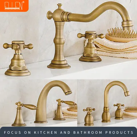 ELLEN Antique Bronze Bath Sink Faucet Double Handle Basin Sink Faucet Hot and Cold Water Mixer 3 Hole Bathroom Faucet ELF8001-3