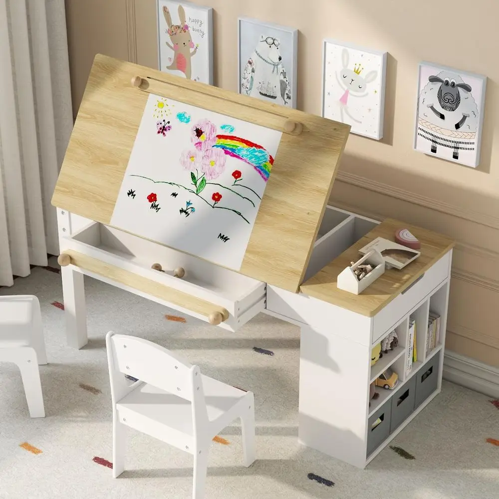 

All-in-One Wooden Craft Desk with Storage, 2 Chairs, 3 Drawers, Fabric Drawers, Paper Roll, Ideal for Art, Learning, and Play
