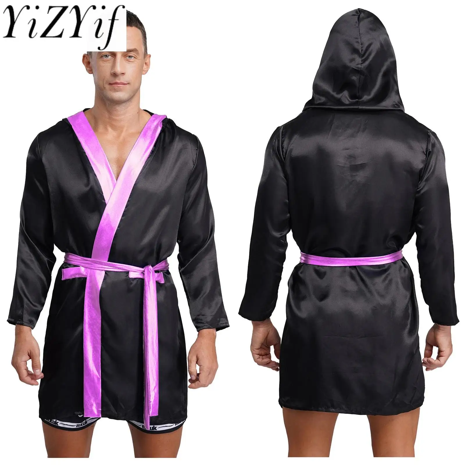 

Men Warrior Singlets Boxer Boxing Competition Robe Jackets Long Sleeve Metallic Shiny Trim Satin Hooded Cloak with Belt