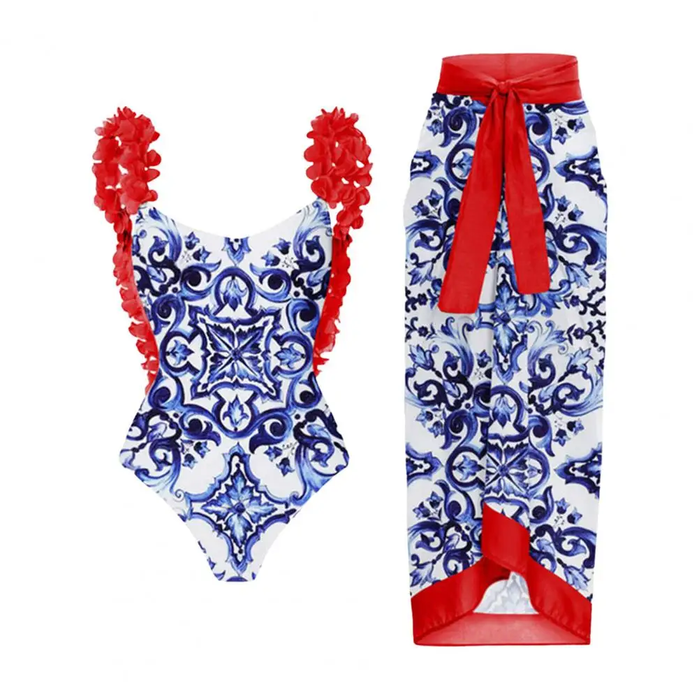 Conjunto de dos piezas para mujer, Monokini con estampado de flores y pintura al óleo, traje de baño Vintage, falda de playa