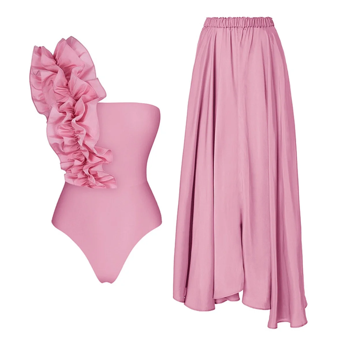 2Pc One Shoulder Swimsuit Women Sexy Bikini Push Up Swimwear Ruffle Swim Suit Female Bandeau Biquini Pink Bathing Suit Beachwear