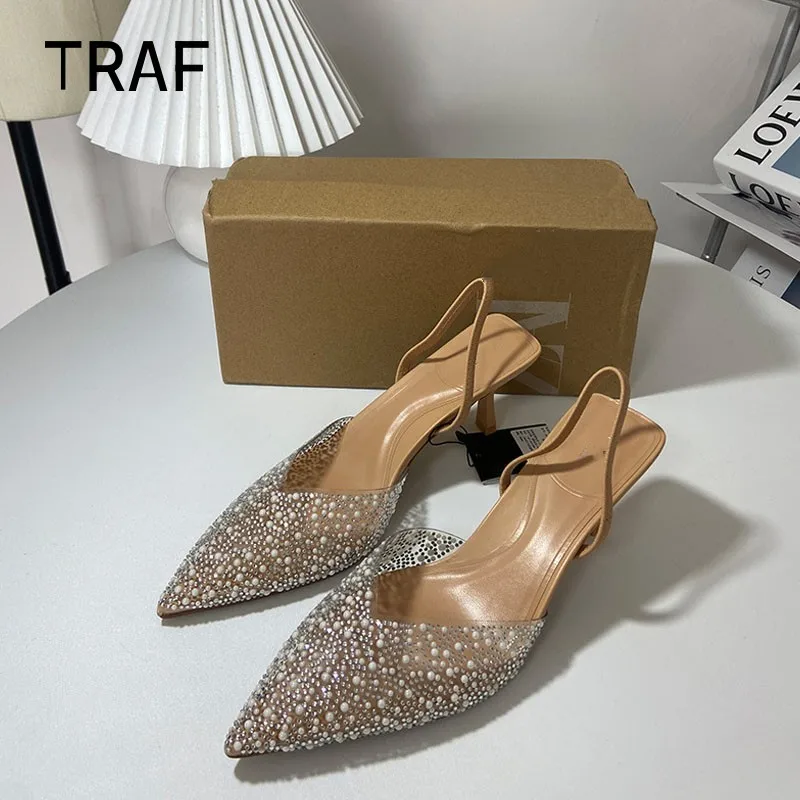 

TRAF 2024 Heeled Sandals Women Pumps Summer Fashion Pearl High Heels Shoes For Women Elegant Slingbacks Sandals Pointed Shoes