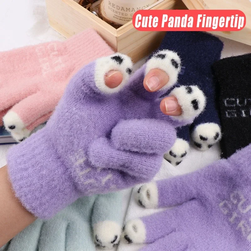 Süße Panda Fingers pitze warme Handschuhe Frauen Mädchen Winter flauschige gestrickte finger lose Handschuh Wolle Touchscreen Telefon Voll finger