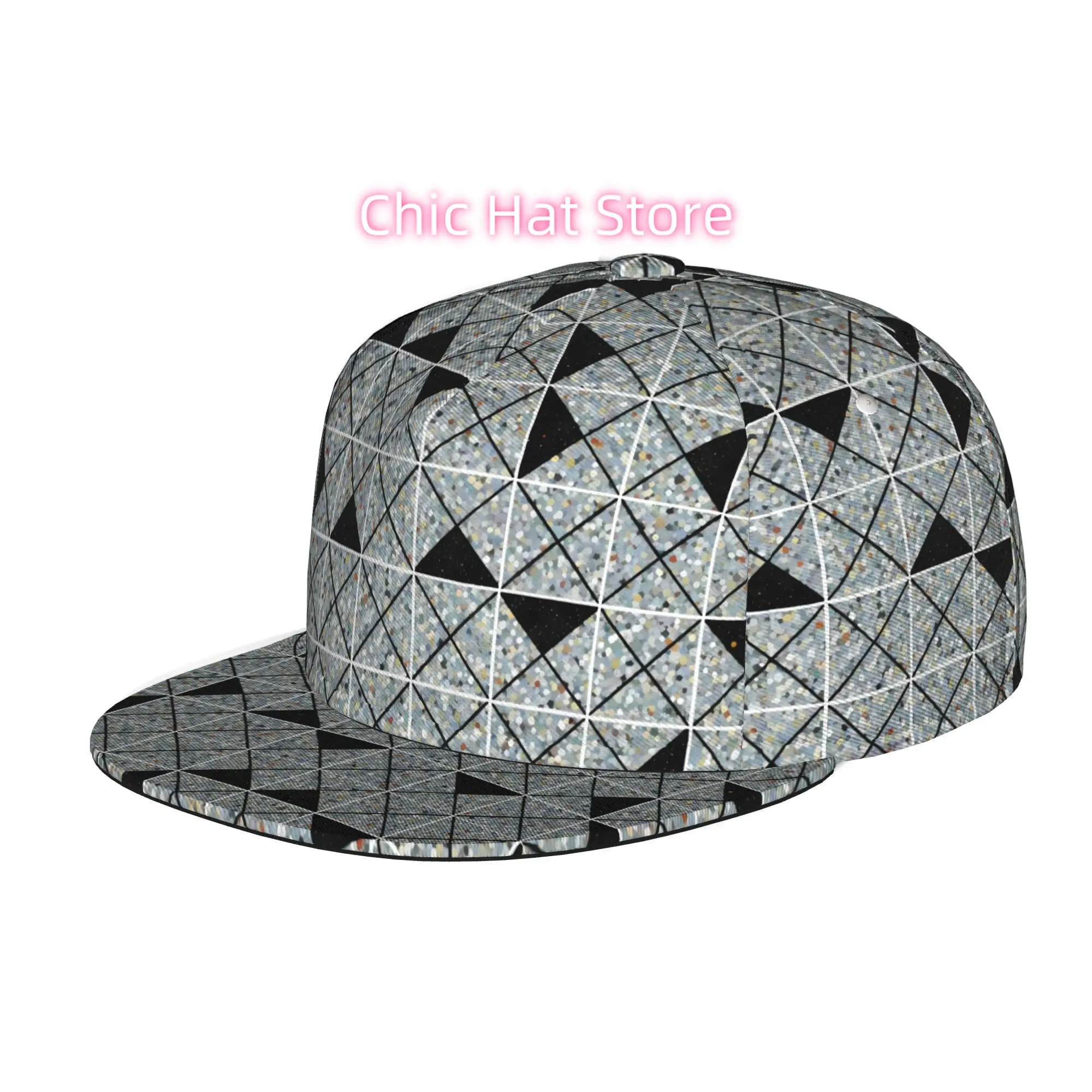 Black Triangles on Gray Tile Pattern, Men Women Unisex Flat Brim Baseball Cap, Hip Hop Streetwear Snapback Trucker Hat for Skate
