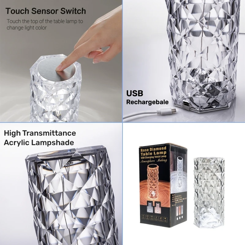 Diamond Rose LED Crystal Table Lamp 3/16 Colors Dimmable Touch USB Projector Lamp  Atmosphere Bedroom Bedside Decor Night Lights