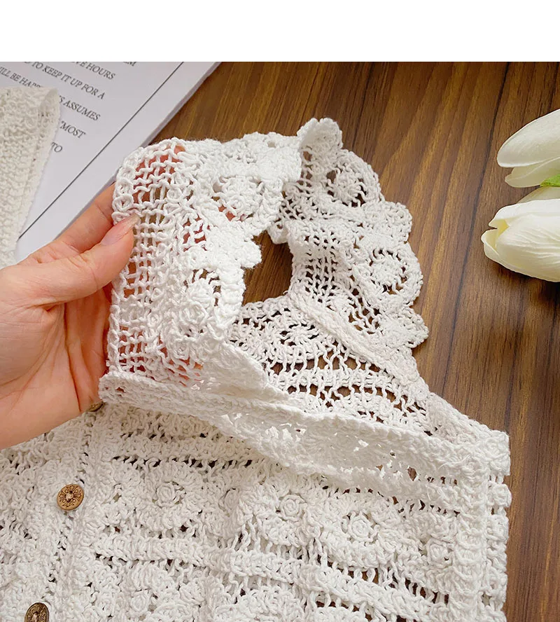 Sheer Crochet Top Embroidery Lace Blouse Sleeveless Button Front Open-knit Cardigan for Women Spring Summer Boho Vacation Outfit