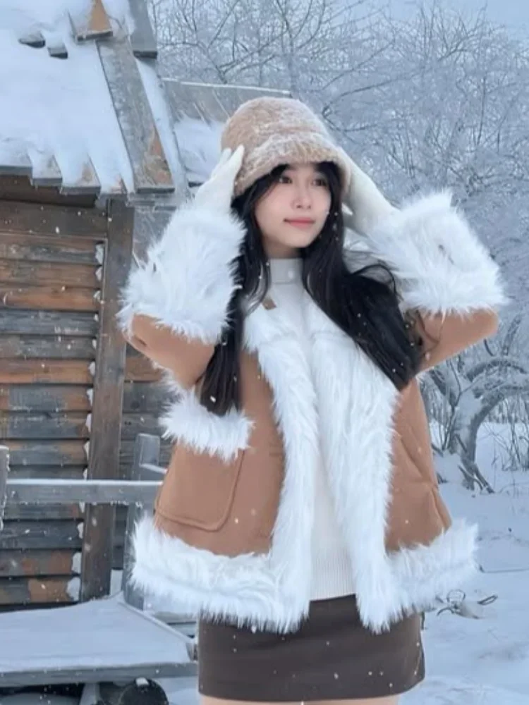 

Women casual Faux Fur Patchwork Coat Chic Lapel Full Sleeve Single Breasted Pockets Jacket 2025 Winter Lady Warm Street Outwear