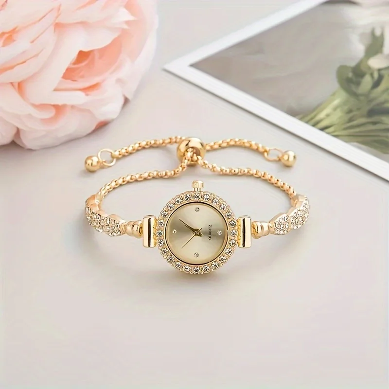 New Women's Quartz Watch with Diamond Accents, Small Dial, Delicate Bracelet, Adjustable Jewelry Quartz Watch