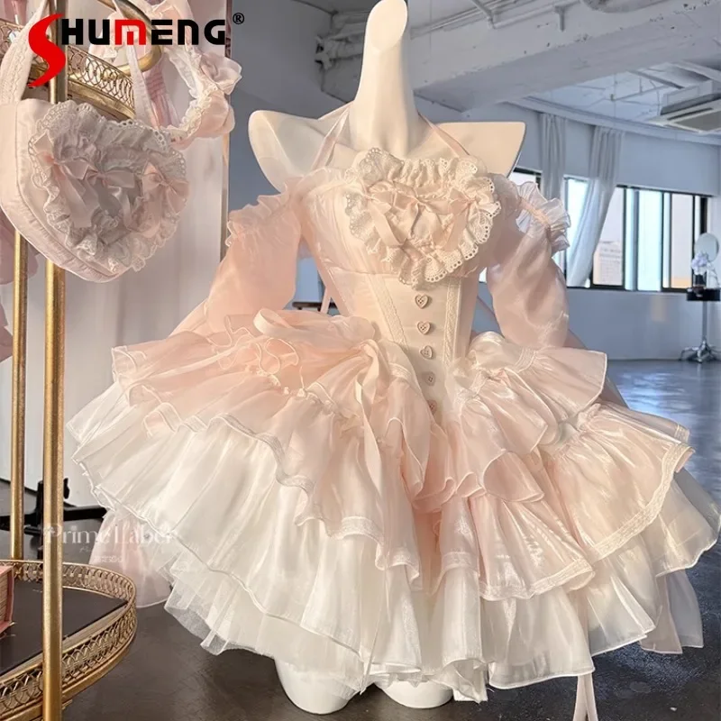 

New Japanese Lolita Style Sweet Slim Fit Dress With Ears Headband Full Sets Women's Clothing High Waisted Cute Vestidos De Mujer