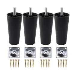 4Pcs Round Tapered Black Plastic Furniture Legs Feet with Mounting Plates M8*25 Thread Shank for Sofa and Chair 4 to12cm height