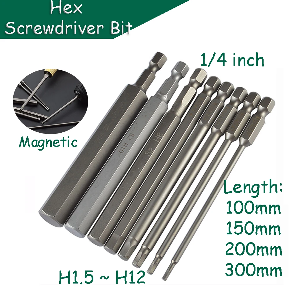 

Lengthen Hex Screwdriver Bit H1.5 - H12 Magnetic 1/4" Hex Shank S2 Steel 100/150/200/300mm Length Electric Batch Head Repair