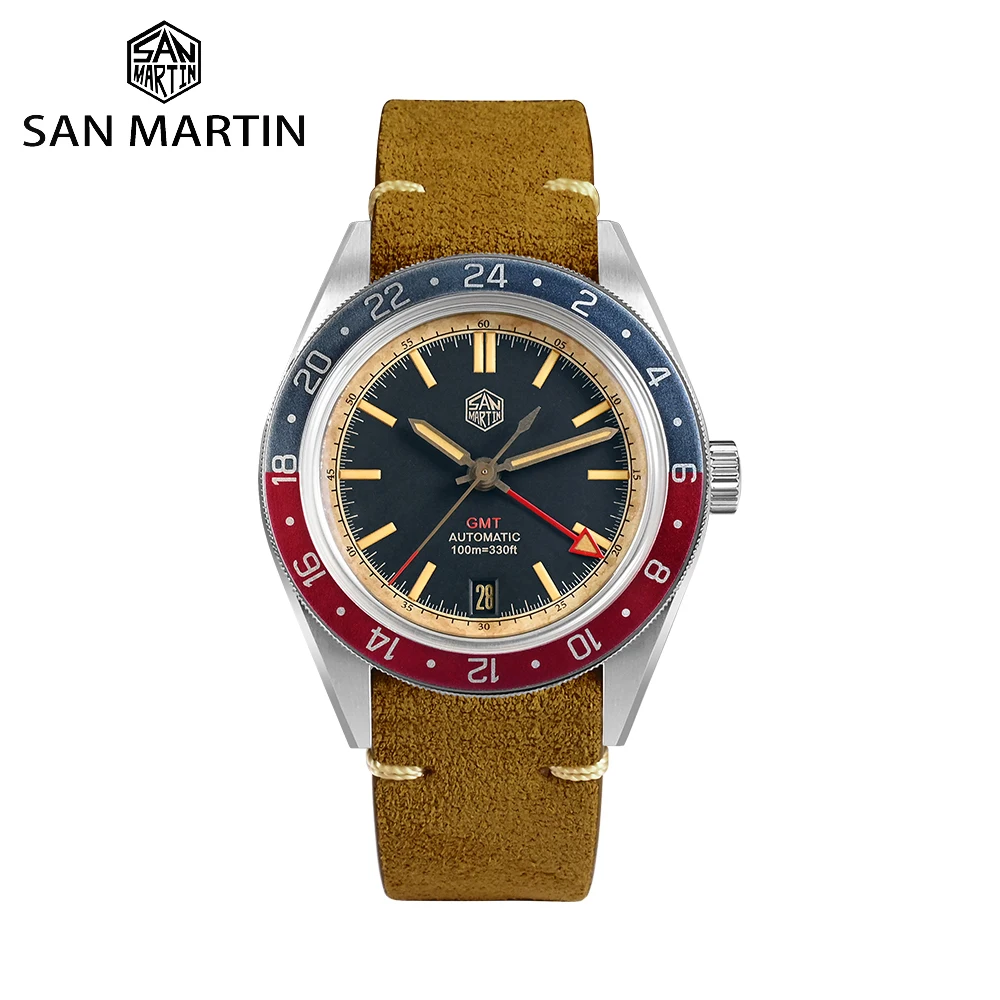 

Часы San Martin с потертым дизайном, 39,5 мм, винтажные мужские часы GMT NH34, автоматический механизм со стальным рисовым браслетом, reloj hombre SN0116