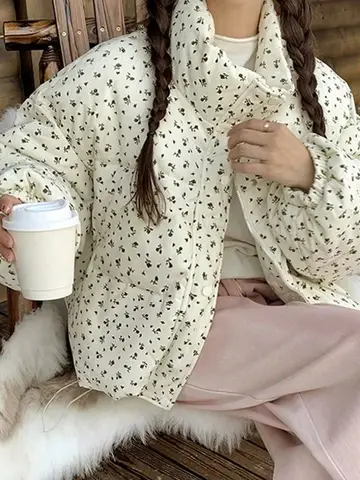 따뜻한 다운 재킷 한류 스타일 루즈핏 따뜻한 두꺼운 짧은 작은 꽃무늬 다운 재킷 패딩 코트 겨울 재킷 패딩 코트 겨울 재킷