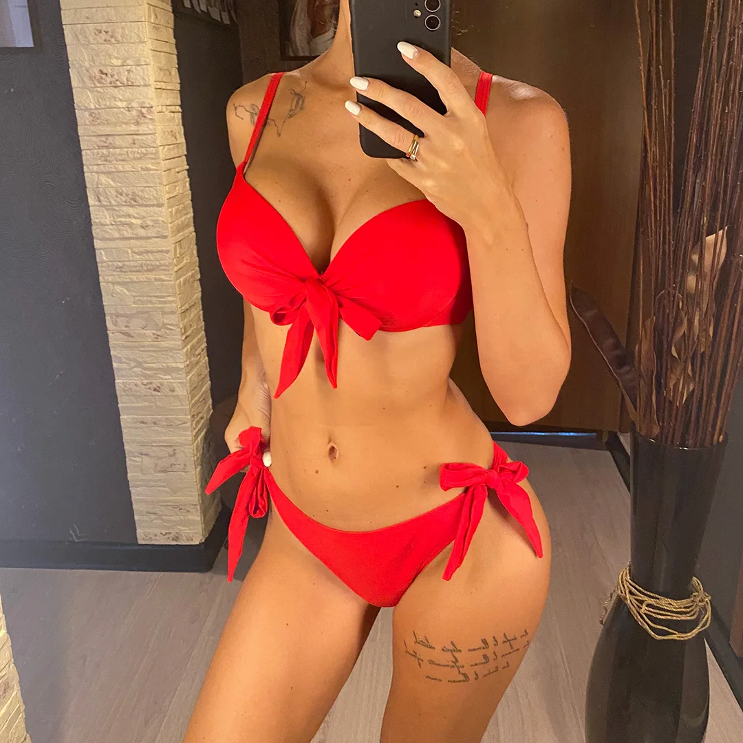 XS - XL, geknoteter Push-up-Bikini, Damen-Badeanzug, zweiteiliges Bikini-Set mit BH-Einlage, Badebekleidung, Badeanzug, Modell V3992. – Detail 5