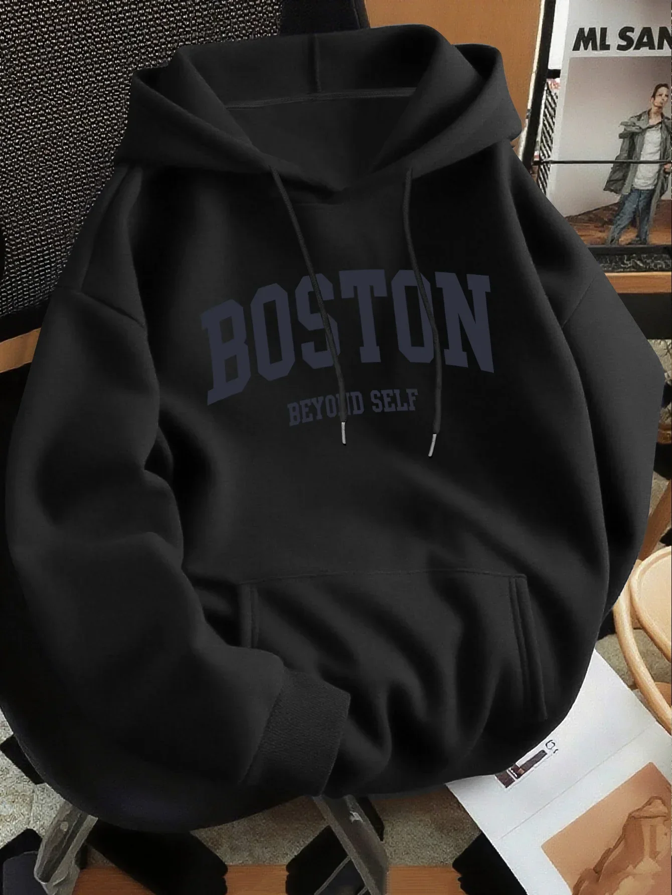 Autumn Winter Men's and Women's Solid Color Letter Print High-end Versatile Retro Hooded Sweatshirt Casual Long Sleeved Pullover