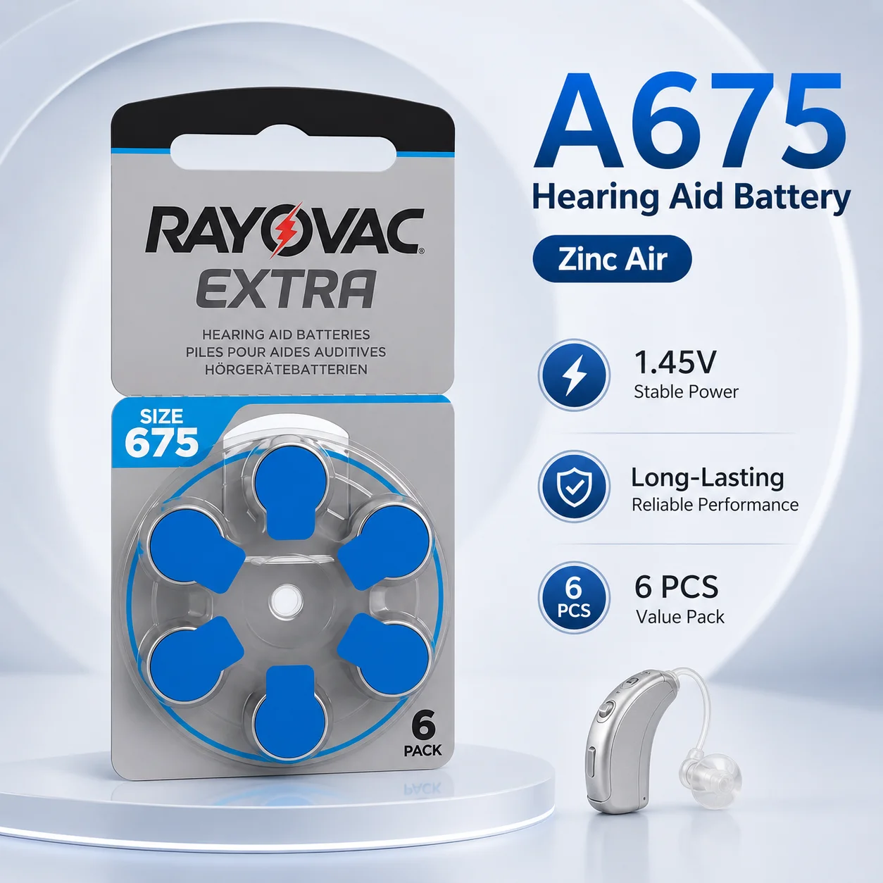 Batería de zinc-aire Rayovac Extra DA675 E675 PR44 A675 675 compatible con audífonos y amplificadores de sonido