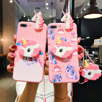 3D Cartoon Rainbow Unicorn Phone Holder Stand Case For iPhone X XS Max XR 6 6S 7 8 Plus SE 2020 SE 2022 SE3 With Lanyard Cover