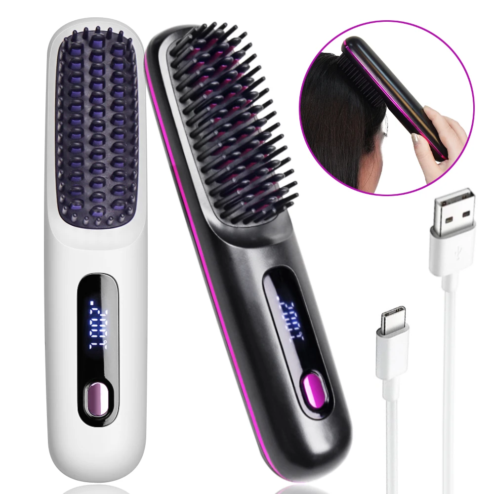 

Portable Straightening Brush for Travel Negative Ions Fast Heating Straightener Comb Cordless Electric Hair Straightener Brush