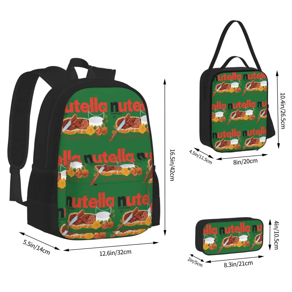 Iconic Nutella Hazelnut Cocoa Spread Design Backpacks Students Bookbag School Bags Rucksack Lunch Bag Pen Bag Three-Piece Set
