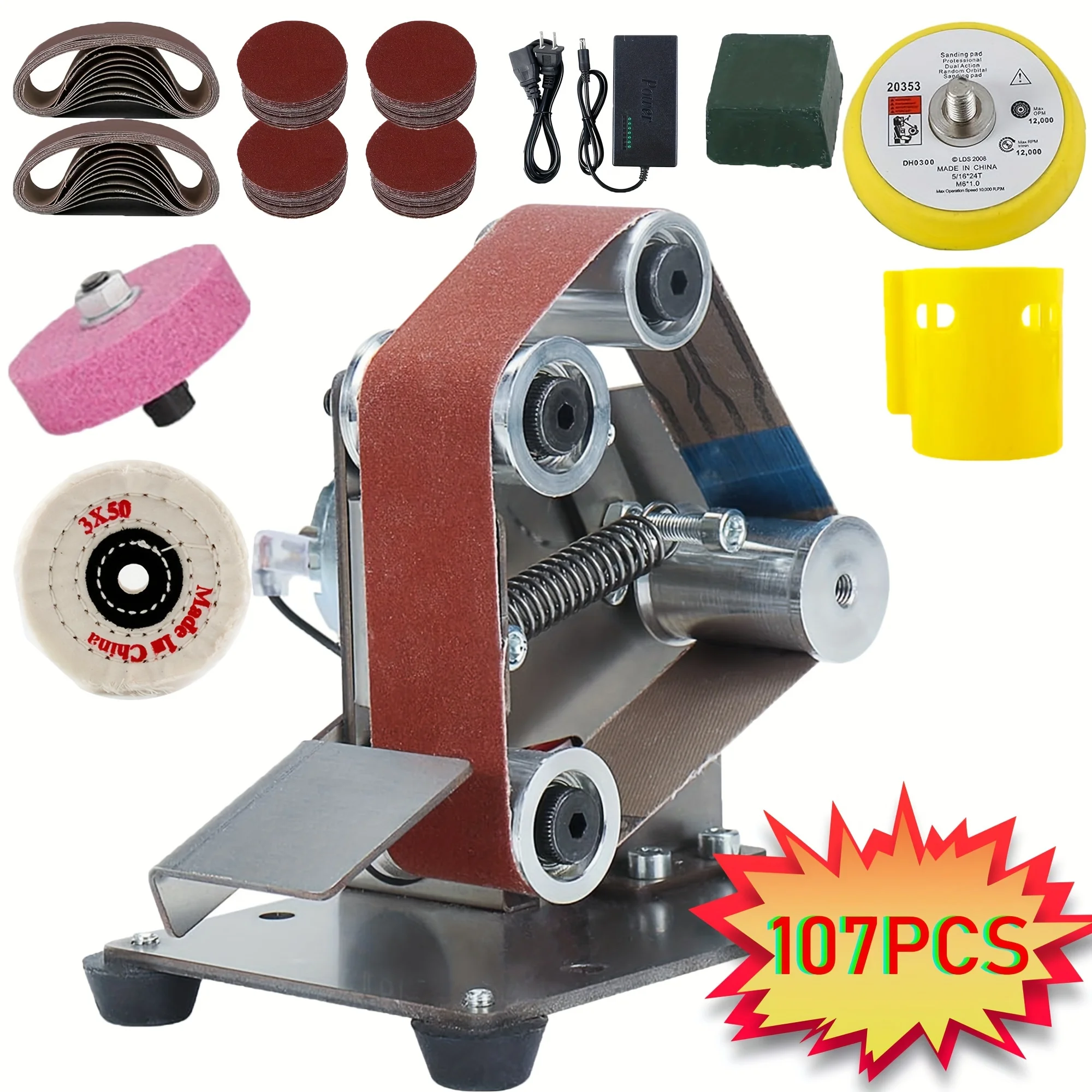 107 штук мини-ленточного шлифовального станка 3-в-1, подходящего для поделок из металла и дерева своими руками, инструментов и ножей (с комплектом)
