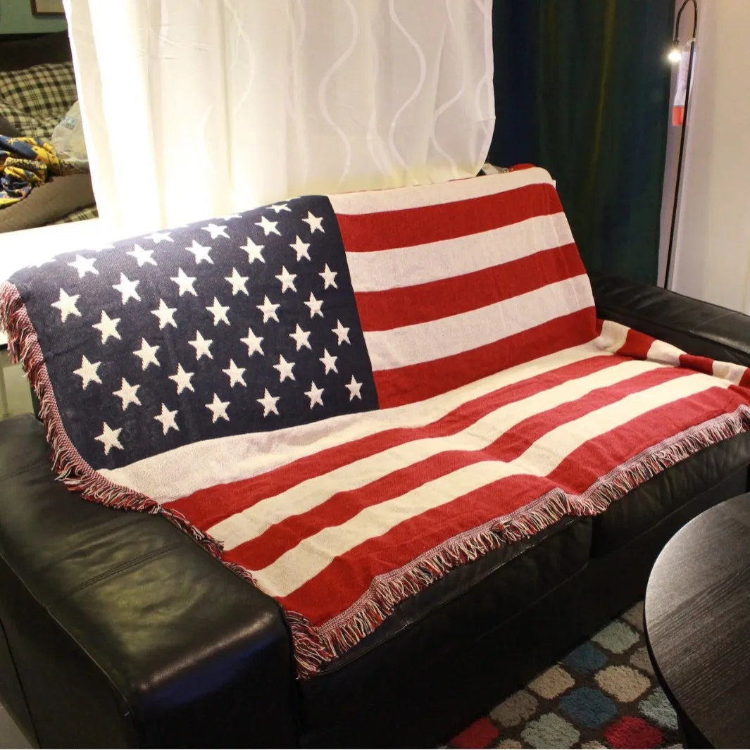 

USA FLAG Tassel Throw Blanket Boho Chic Woven Blanket for Sofa Bohemian Art Tapestry Wall Hanging Decorative Cover for Couch Bed