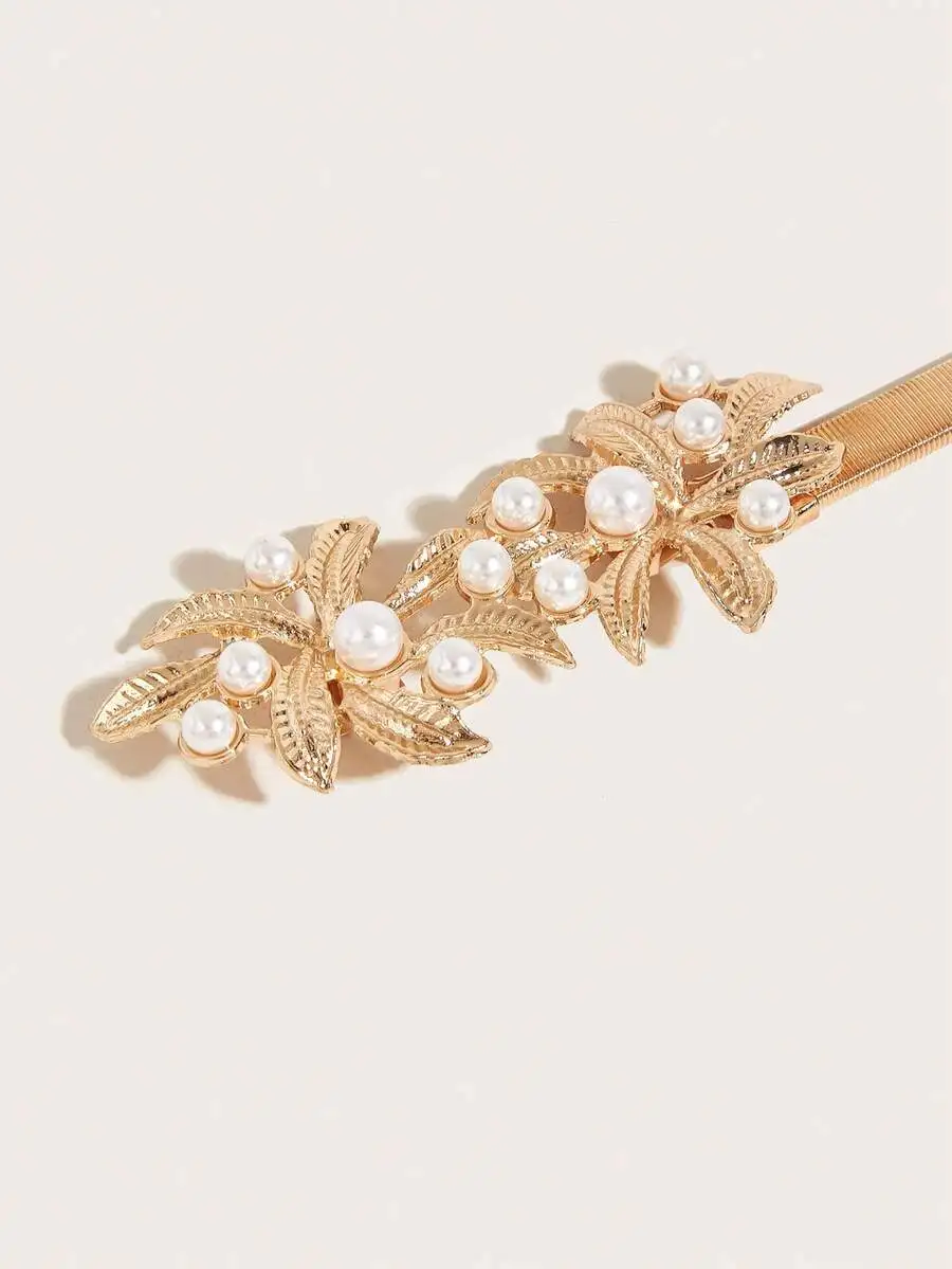 1pc Women's Gold-Tone Spring Floral Buckle Waist Belt With Faux Pearl Beading, Suitable For Everyday Dress Up Elegant Summer,