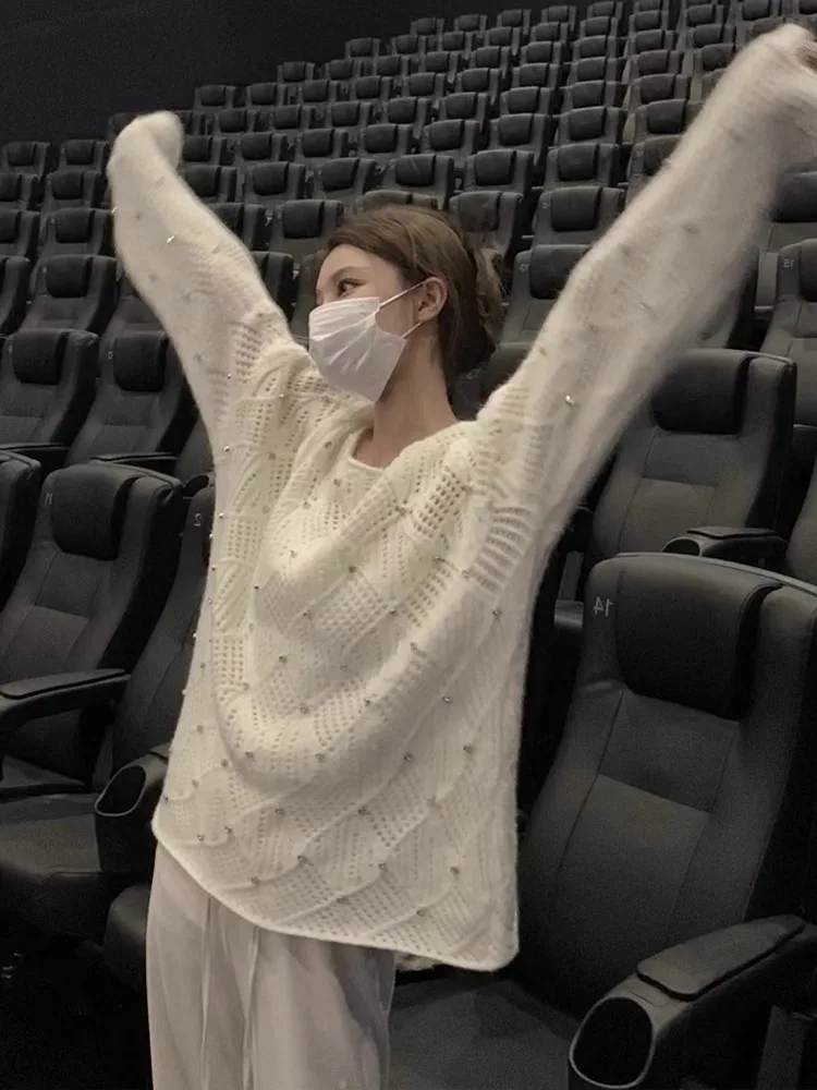 

Белые женские свитера с бриллиантами, осенне-зимние элегантные пуловеры, корейская мода, милый шик, тянуть Femme