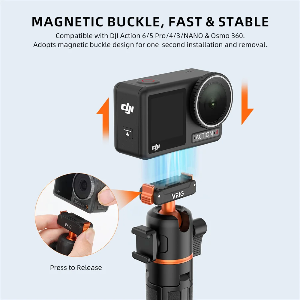 VRIG AC-40N Magnetic Selfie Stick Tripod Mount for DJI Osmo Action 6/Nano Bi-Directional Quick Release Extendable Handheld Pole