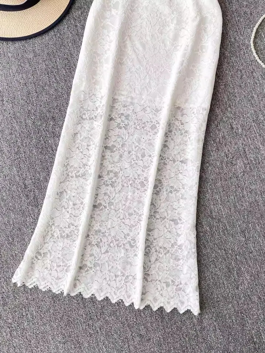 Foamlina 2025 Summer High Waist Slim Fit Bodycon Midi Skirt Women High Quality White Lace Hot Girl Elegant Half Skirt Vintage