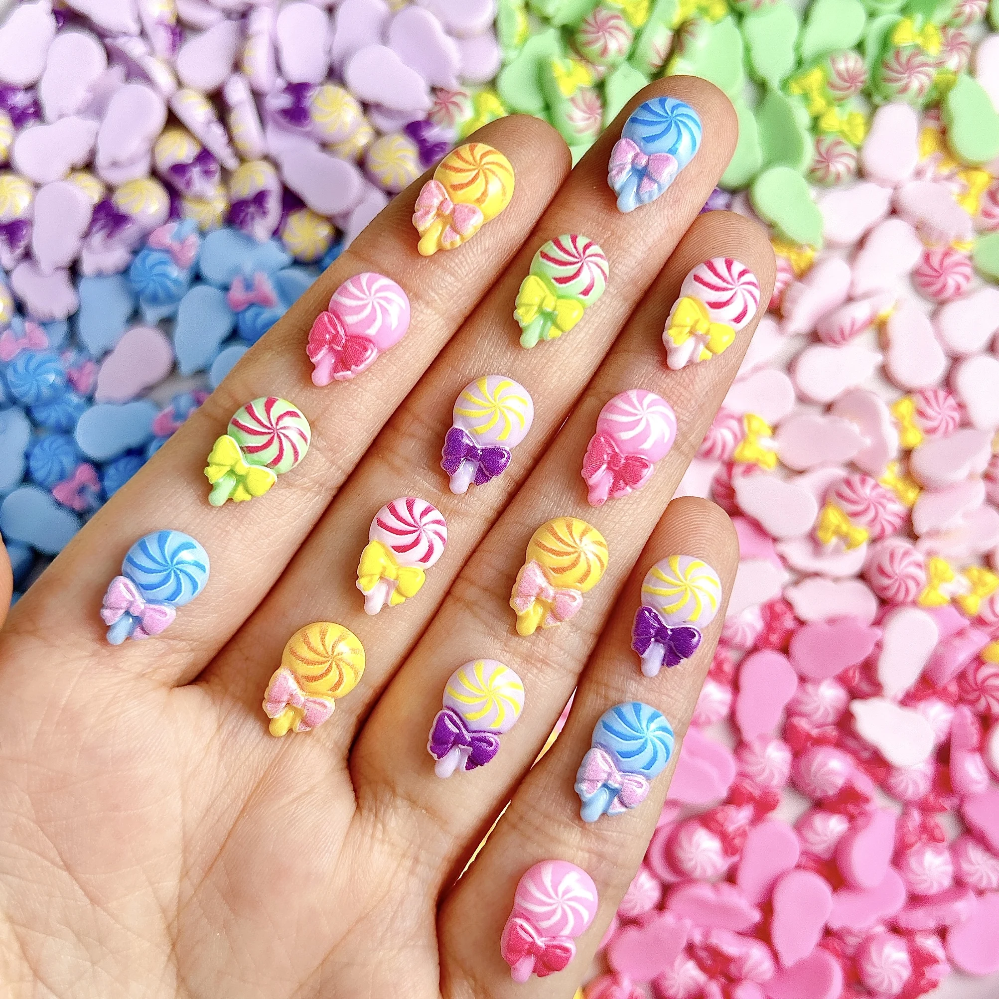 20 pçs dopamina colorido simulado pirulito decorações da arte do prego dos desenhos animados criativo arco pirulito resina encantos do prego diy suprimentos de unhas