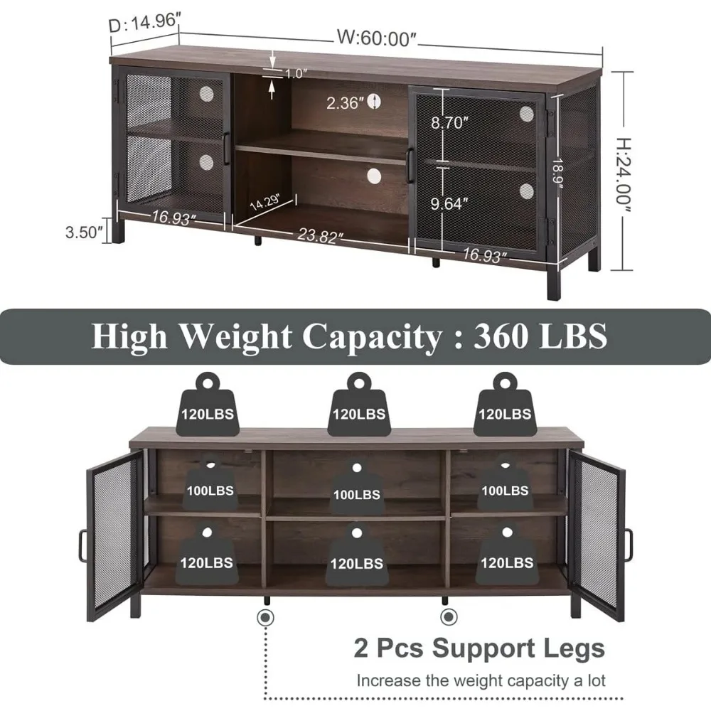حامل تلفزيون خشبي ريفي لأجهزة التلفاز مقاس 55-65 بوصة: خزانة وحدة تحكم ترفيهية كبيرة بأبواب