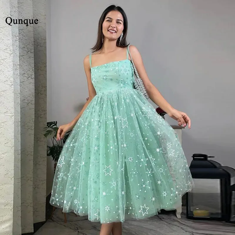 

Qunque Floral Print Mint Green Tulle Prom Dress Straps Formal Evening Gowns Gorgeous Customized Party Dresses Vestidos De Festa