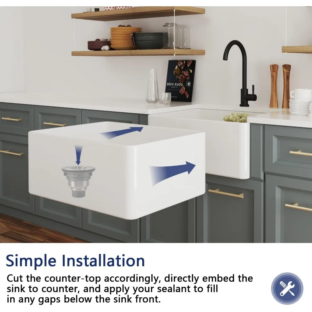 حوض مطبخ مزرعة بوعاء واحد من السيراميك مقاس 24 بوصة، حوض أمامي عميق على الطراز التقليدي