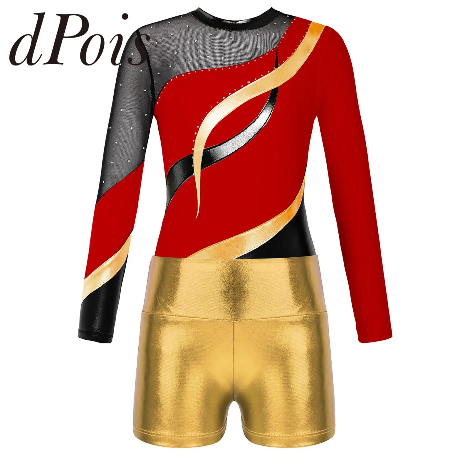 

Children Skating Dance Jumpsuit Gymnastics Bodysuit for Girls Kids Long Sleeve Shiny Ballet Dance Leotard with Shorts Dancewear