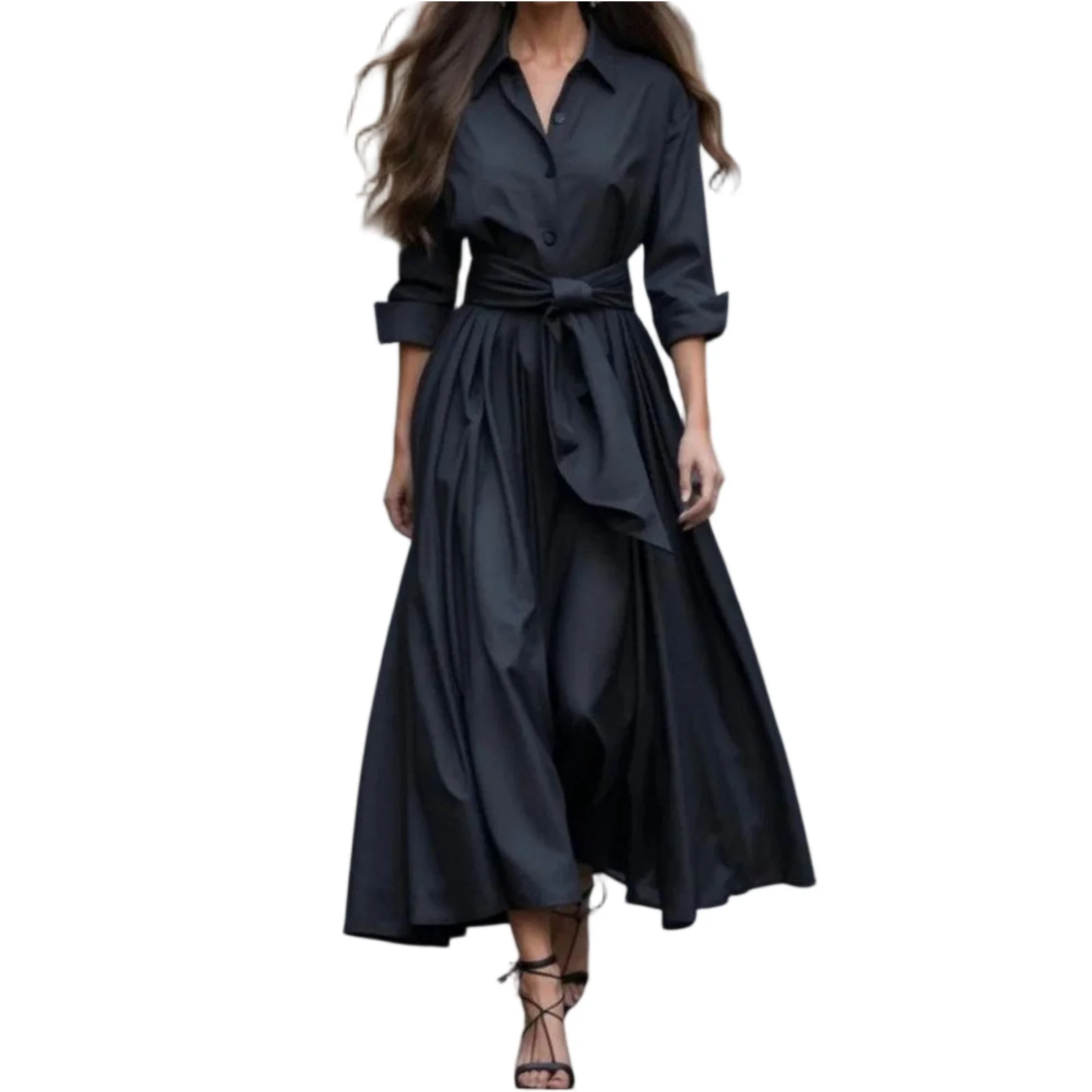 Robe longue tendance pour femmes à manches longues, col, couleur unie, taille nouée, style trench, robe élégante décontractée et confortable