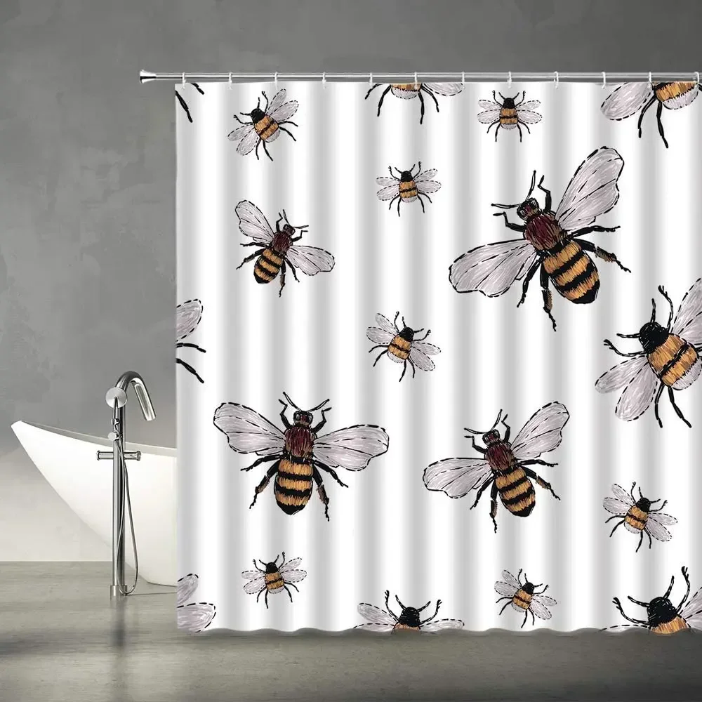 

Bees Shower Curtains Watercolor Bumble Big Honey Insects Funny Trendy Vintage White Black Yellow Fabric Bathroom Decor Set Hooks
