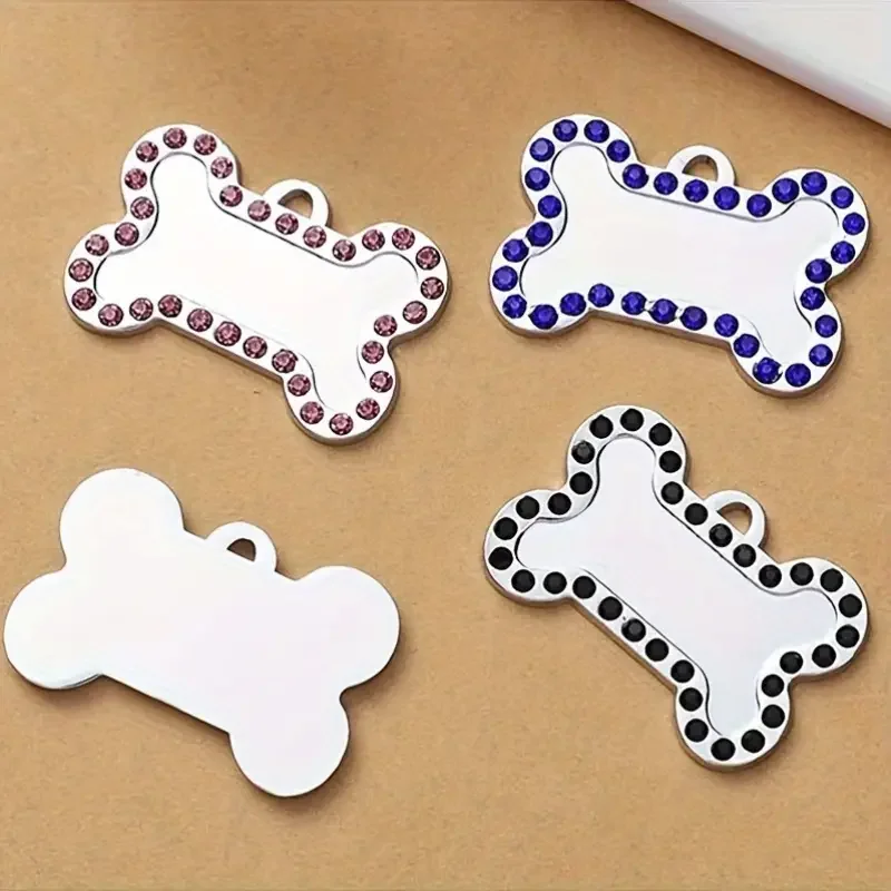 Zinc Alloy Bone Pet ID Tags Engraved Rhinestones Name Number Address Cat Dog Collar Pendant Puppy Necklace Charm Accessories
