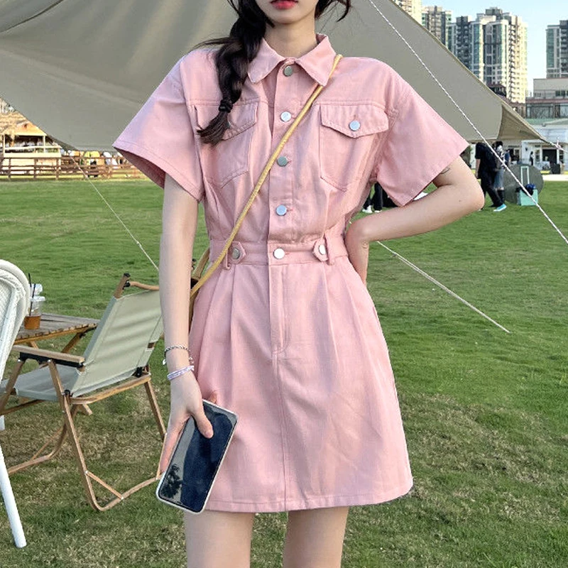 

2023 Women's Clothing New Young Style Skinny Button Streetwear Fashion Casual Solid Simplicity Pockets Turn-down Collar Dresses