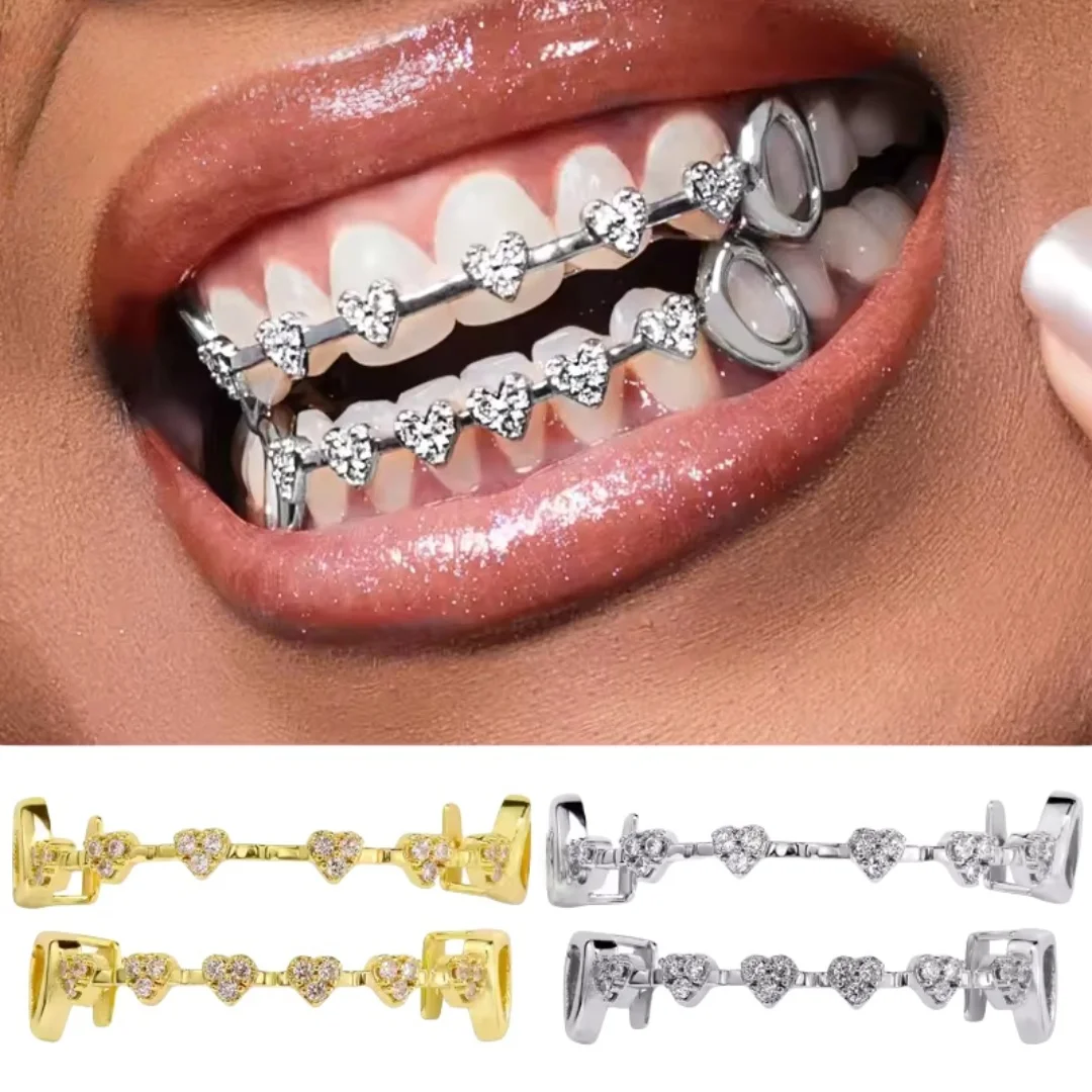 

Хип-хоп Grillz Зубы Позолоченные Микроасфальтированные Сердце Полный Циркон Алмаз Рот Grillz Уникальные Рэп Аксессуары Модные Зубные Украшения