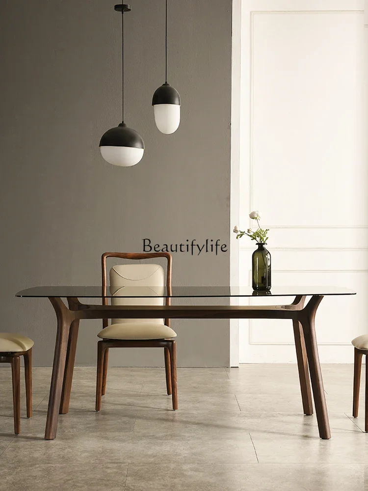 

FG10North America Black Walnut Mid-Ancient Dining Table Glass Modern Minimalist Solid Wood Household Stone Plate Dining Table