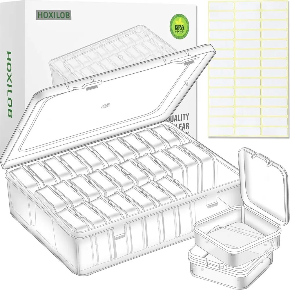 Bead Organizer Box, 30pcs Small Clear Plastic Storage Containers, Hinged Lid and Labels, Mini Boxes for Bracelets, Jewelry, Diam