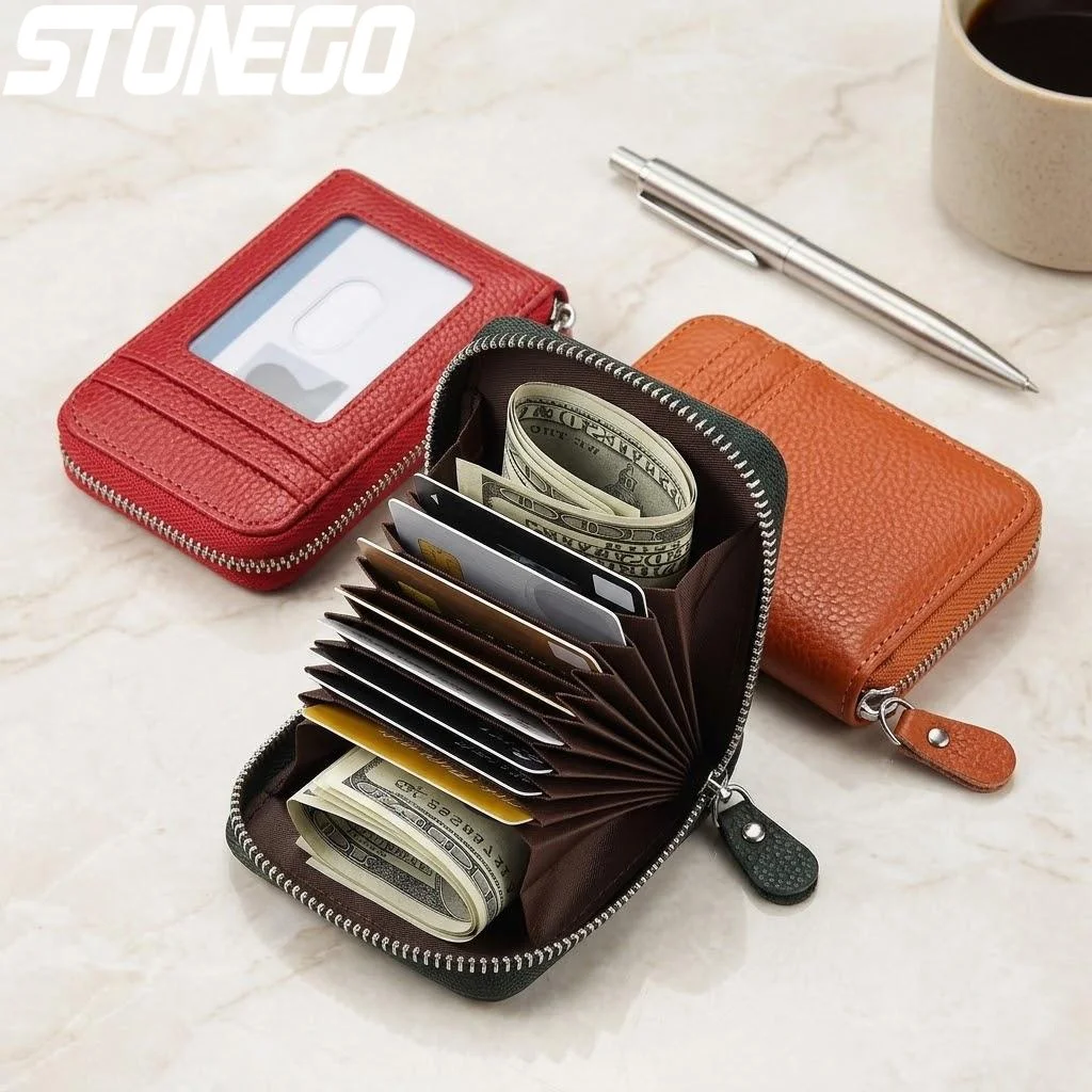 RFID Blocking Leather Card Case Vertical Zipper Coin Purse for Men Women Unisex Card Holder Wallet Slim Compact
